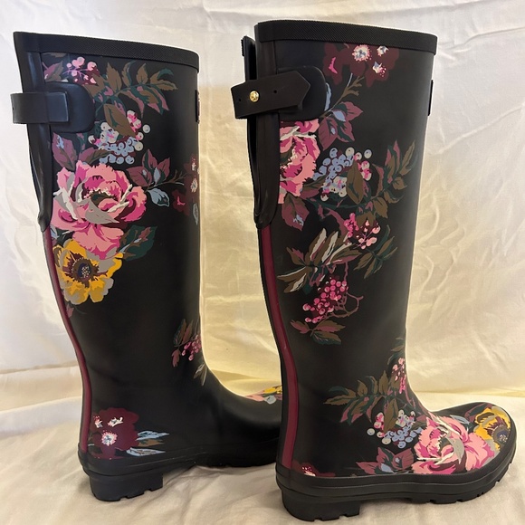 Joules Rain Boots | Floral Wellies Black Size 8 EU 39 - Picture 7 of 8
